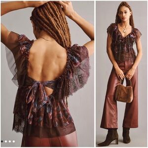 Anthropologie Floral Romantic Lightweight Tulle Lace Tie Back Ruffled Top (L)